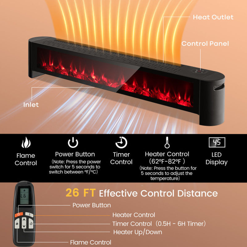 1400W Baseboard Electric Heater with Realistic Multicolor Flame